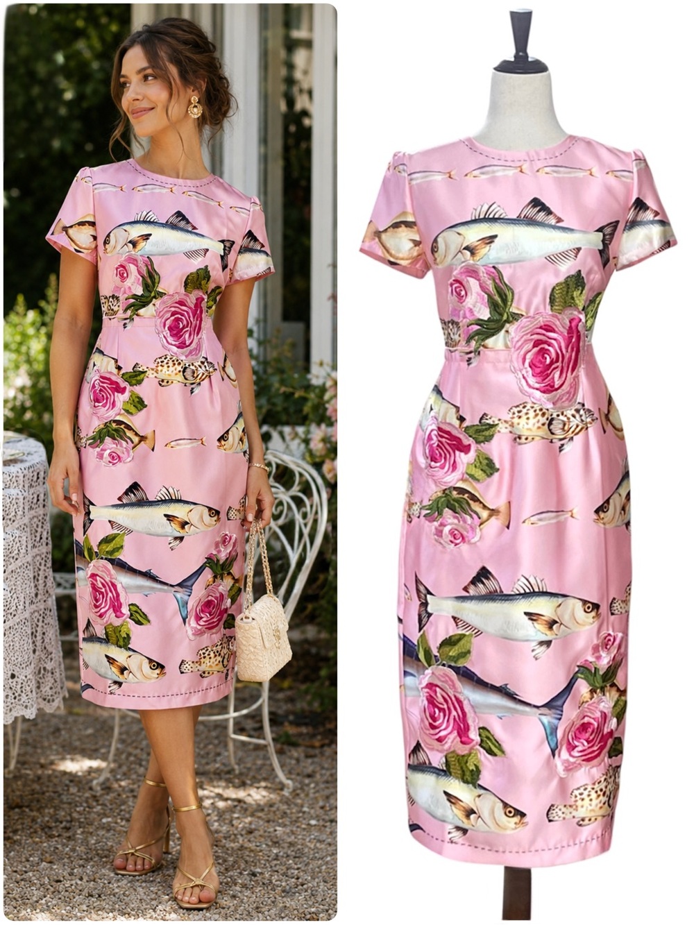 Swallow Hu Fish Print Midi Sheath Dress Pink Satin Rose Floral Maximalist Size L